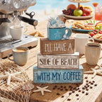 Lineshading 4 Pcs Summer Table Decorations Beach Coffee Bar Wooden Block Sign Blue Rustic Coastal Tiered Tray Decor with Coffee Cup Summer Centerpieces Decor for Beach Nautical Party Office Home - style: Beach