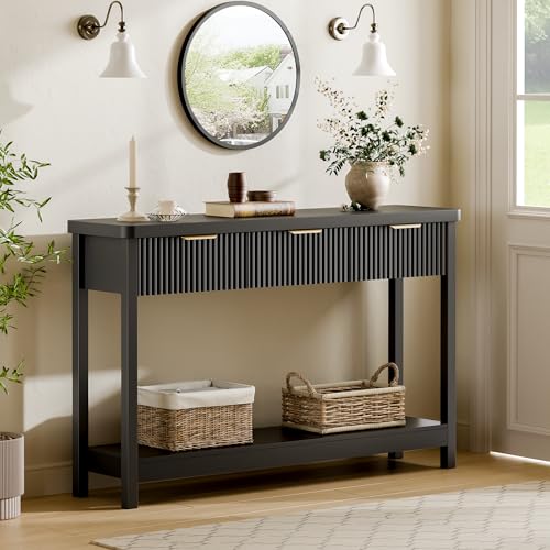 Lulive 51" Fluted Console Table for Entryway, Entryway Table with 3 Wooden Drawers, Farmhouse Behind Sofa Table for Living Room, Hallway, Couch, Foyer - color: Black