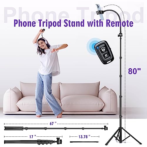 Nineigh 80" Phone Tripod, Selfie Stick Cellphone Tripod, Aluminum Tripods Stand for Video Photo Vlog, Travel Tripods with Gooseneck Remote Phone Holder, Compatible with iPhone Android Smartphone - size: 80 Inch