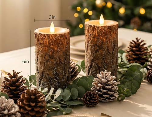 Pine Flameless Pillar Candles Flickering with Remote Timer, Battery Operated LED 3D Moving Flame Real Wax Candles, Set of 2, D3 x H6,Remote Included (Pine) - color: Pine