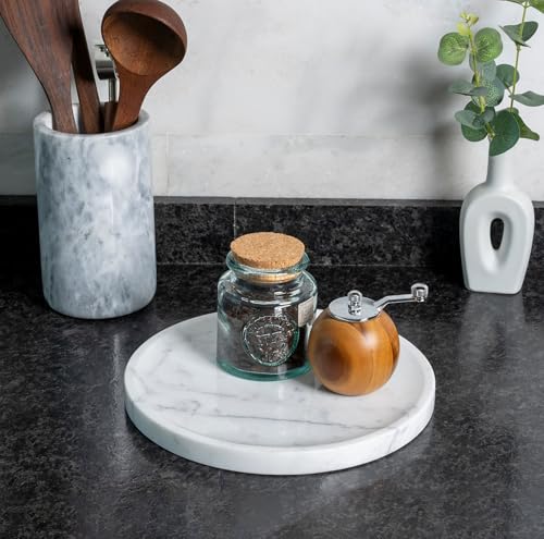 Natural Marble Decorative Tray for Bathroom Bedroom Kitchen Dresser, 9.8” Round Vanity Trays for Jewelry, Perfume, Cosmetic, Candle, Countertop Storage Organizer for Home Decor White, Arabescato - color: Arabescato, size: 9.8"