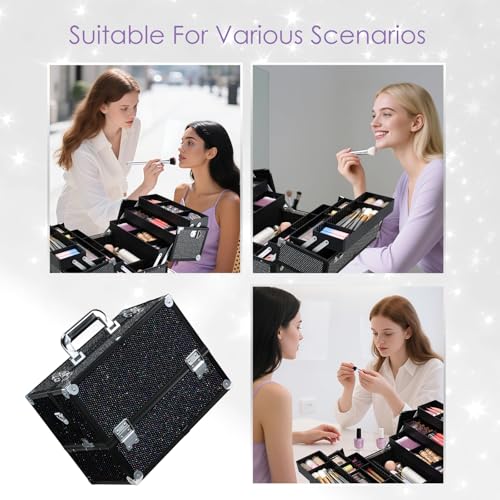 Joligrace Makeup Train Case Large 6 Tray Professional Organizer Box - Cosmetic Make Up Carrier with Lock & Key Carrying Strap for Studio Artist & Stylist Black Rhinestone - color: Black Grid