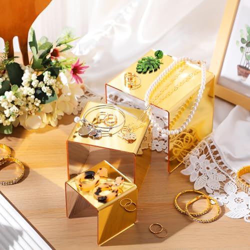 Chuangdi 2 Sets Acrylic Display Risers, Product Stand, Jewelry Display Riser Shelf Showcase Fixtures for Dessert Cupcake Candy Figure Treat Action Showcase (Gold,Medium Set) - color: Gold, size: Medium Set