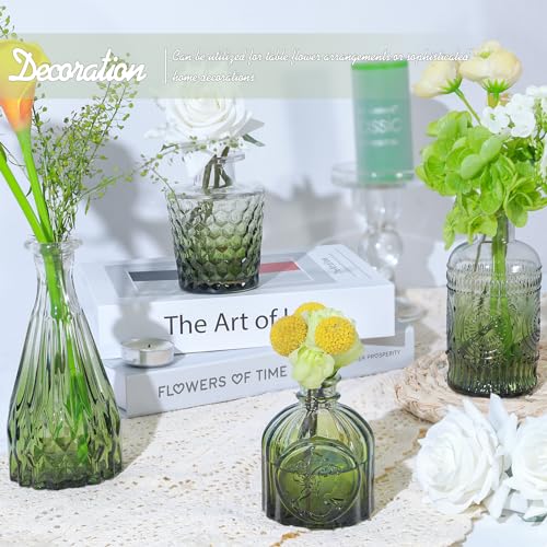 TBWIND Glass Bud Vase Set of 5, Small Green Flower Vases for Centerpieces in Bulk, Mini Vintage Vase for Wedding Decor, Single Flowers, and Home Table Décor - color: 5pcs-green