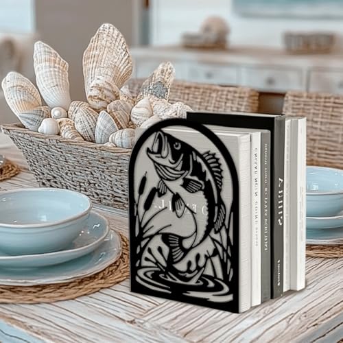 Peacoblue Metal Bookends for Shelves, Modern Decorative Heavy Duty Study Book Ends Stoppers for Office, Desk, Shelf, Room 5.3"x4.3"x7.9" Cast Iron Simple Tall Bookends 1 Pair (Fish) - style: Fish