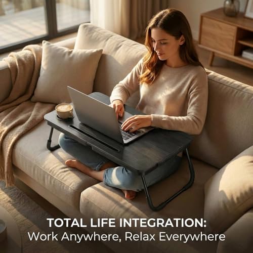 BUYIFY Foldable Laptop Bed Desk for Couch, Sofa - Large Lap Desk Tray Table with Cup Holder and Tablet Slot - Portable Notebook Stand for Eating, Writing, Studying and WFH -NEW-006 - color: Deep Black