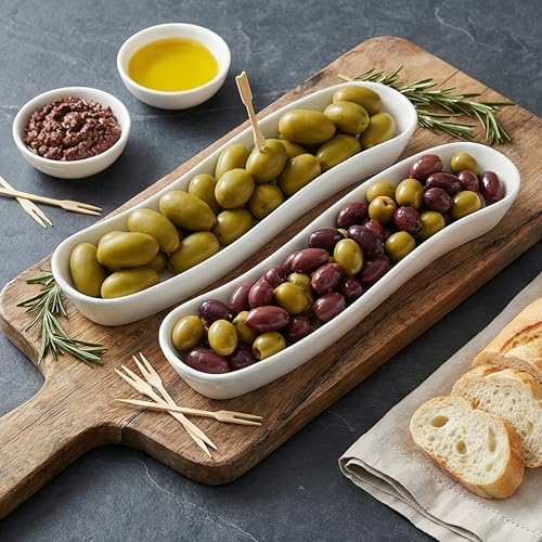 2 Pack Olive Trays, 12 inch Ceramic Olive Dish for Appetizers Crackers Nut and Snacks, Unique Styling and Elegant Design for Charcuterie in Entertaining Party and Daily Use, Dishwasher Safe