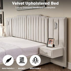 Luxury Queen Size Bed Frame with LED Lights and Nightstands, Modern Velvet Upholstered Platform Bed Frame with Oversized Headboard, Buttons Around, No Box Spring Needed, Beige | Breathable material - color: Beige-velvet, size: Queen