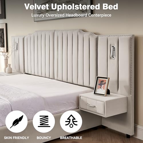 Luxury Queen Size Bed Frame with LED Lights and Nightstands, Modern Velvet Upholstered Platform Bed Frame with Oversized Headboard, Buttons Around, No Box Spring Needed, Beige | Breathable material - color: Beige-velvet, size: Queen