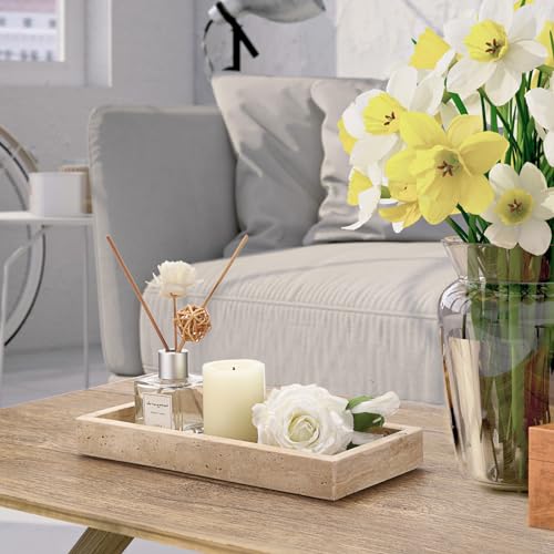 Hipiwe Natural Travertine Tray Vanity Decorative Tray Rectangular Perfume Trays Bathroom Countertop Storage Catchall Trays for Vanity Jewelry Trinket Candles Organizer, 9.8"x4.7"x1.2" - color: Beige, size: 9.8" x 4.7" x 1.2"
