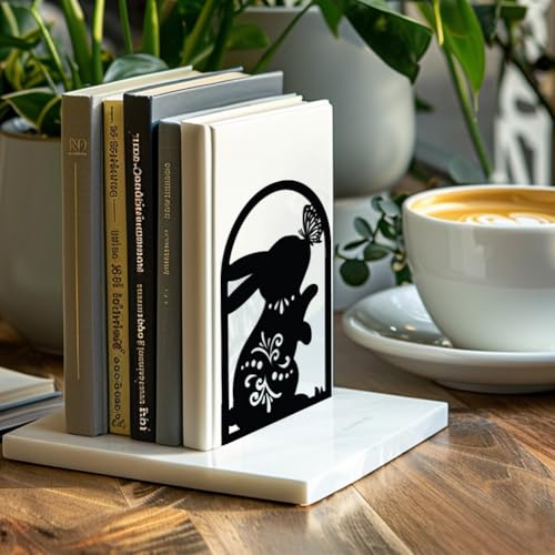 Peacoblue Metal Bookends for Shelves, Modern Decorative Heavy Duty Study Book Support Stoppers for Office, Desk, Shelf, Room 4.7"x3.5"x7.9" Cast Iron Simple Bookends, 1 Pair (Rabbit and Butterfly) - style: Rabbit and Butterfly