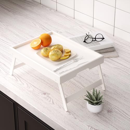 Fibogollo 2 Pack Bamboo Bed Tray Table with Folding Legs,Breakfast Trays,Serving Tray for Food and Snack,Laptop Trays for Working(White) - color: White, size: 2 PC