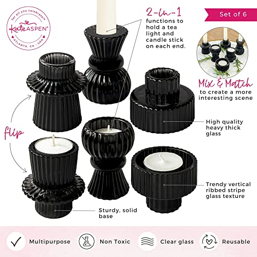 Kate Aspen Vintage Ribbed Glass Black Candlestick Holders, Pillar Candle, Tealight & Votive Candle Holders (Set of 6, 3 Assorted Sizes), Dining Table Decor, Shelf Decor, Centerpiece - color: Black