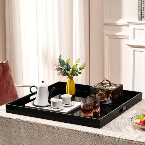 24×24 inches Oversized Black Acrylic Ottoman Tray Extra Large Decorative Tray Spill-Proof Serving Trays with Handles King-Size Safe Edge Organizer for Coffee Table Countertop Breakfast - color: Glossy Black, size: 24" x 24" x 2"
