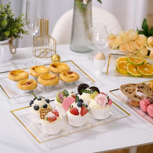 FOCUSLINE 8 PCS Plastic Serving Trays for Party, Clear and Gold Rim Serving Platters and Trays, Premium Plastic Fruit Tray, Disposable Platters for Cupcake, Dessert, Appetizers - color: Clear