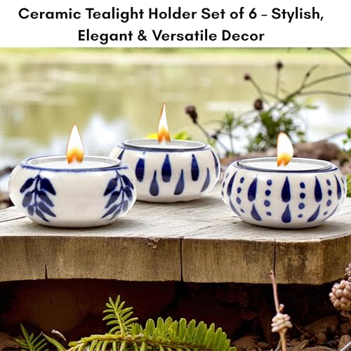 CLEENTABLE Ceramic Tea Light Holders Set of 6 - Handcrafted Candle Holder Bulk - Ideal Fall Decor for Boho Wedding Centerpiece Table, Home Decor & Thanksgiving Indoor (Blue White)