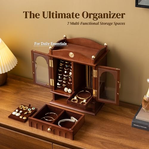 KINTNESS Magic House Style Black Walnut Wooden Jewelry Box - Solid Wood Large Jewelry Organizer with Secret Compartment for Women Girls, Jewelry for Bracelet, Necklace, Ring - style: Magic House Design