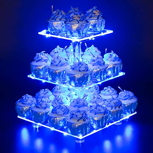 YestBuy 3 Tier Square Cupcake Stand - Premium Cupcake Holder - Acrylic Cupcake Tower Display - Cady Bar Party Décor + LED Light String - Ideal for Weddings, Birthday Parties( Blue Light) - color: Blue, size: 3 Tier Square