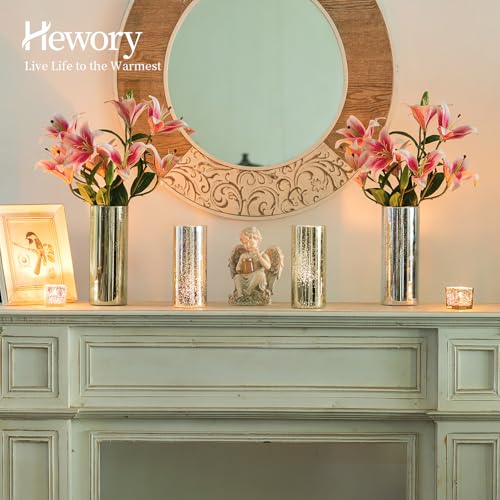 Glass Cylinder Vases Set of 24, Hewory Glittery Gold Vase for Centerpieces, Glass Hurricane Candle Holders for Pillar Floating Candle, Tall Round Vase for Wedding Anniversary Events Home Table Decor - color: Gold