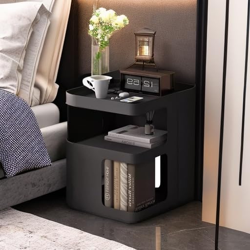 Black Side Table,Modern end Table for Sofa & Couch,3-Tier Metal nightstand,Small Bedside Table with Storage for Bedroom,Living Room,Small Space.No Assembly Required - color: Black