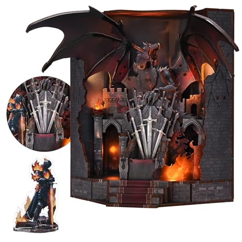 DIY Book Nook Kit Miniature House Dollhouse Kit, Book Nook Kits for Beginners, 3D Wooden Puzzle Booknook Bookend Bookshelf Decor Model Build with Dust Cover (Throne of Blades) - style: Throne of blades