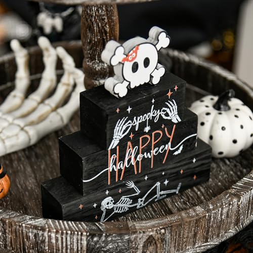 Smile 4 Pcs Wooden Blocks Signs, Happy Halloween Indoor Decorations, Skull Farm Decor Spooky Rustic for Home Table Shelf and Kitchen - style: Skull