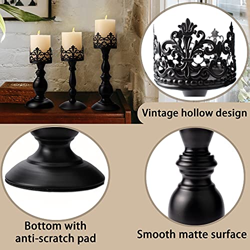 Vintage Pillar Candle Holders for Table Centerpiece Set of 3-11'' 9'' 8'' - Matte Black Metal Candle Stands Decorative - Candle Centerpiece for Table Fireplace Decor - Gothic Candle Holder - color: Matte Black