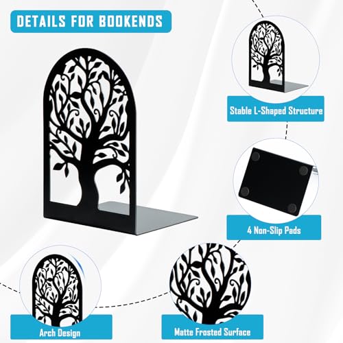HappyHapi Book Ends, Metal Bookends for Shelves, Modern Tree Book Ends Decorative, Heavy Duty Book Holders Book Stoppers for Home Office Decor, 6.9"x4.7"x3.5" (5 Pairs/10 Pcs)