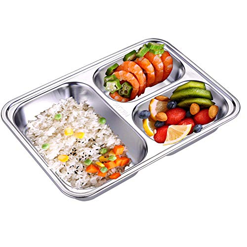 Set of 2 Stainless Steel Divided Plates Tray 3 Sections Diet Food Control Dinner Plate for Adults - Unbreakable Metal Plate for Campers Portion Control Reusable Plate - size: 9.45 x 6.69 Inch (3 Sections)