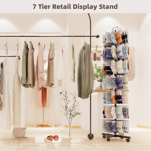 Retail Display Racks 7 Tier Spinning Display Stand, Movable Shop Spinner Rack with Hooks, Retail Display Stand for Jewelry Keyring Hats Socks Toys (Black) - color: Black, style: 7 Tier