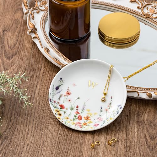 Crisky Initial Jewelry Tray Ring Dish & Gift Box, Ceramic Flower Trinket Dish for Rings Earrings Necklaces Keys, Bridal Shower Engagement Birthday Gift for Women, Friends 4.57" (Gold Foil W - style: Initial W