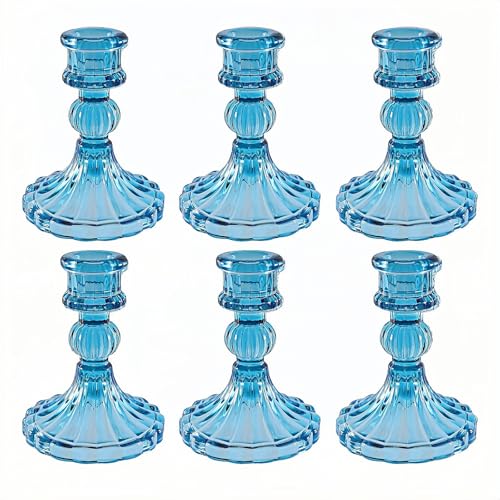 Glass Candlestick Holder,Striped Taper Candle Holders,Set of 6 Candle Stand for Table Centerpieces, Home Decor,Weddings,Festival and Parties (Blue Stripe Pattern) - color: Blue Stripe Pattern