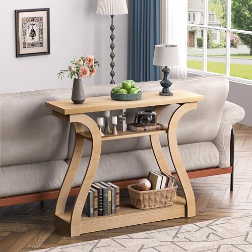 Wooden Console Table with Curved Legs and Shelf, 3-Tier Modern Accent Narrow Sofa Table for Entrance Area, Living Room, Hallway, 47 in Wide Wood Console Table for Entryway (Nature) - color: Nature