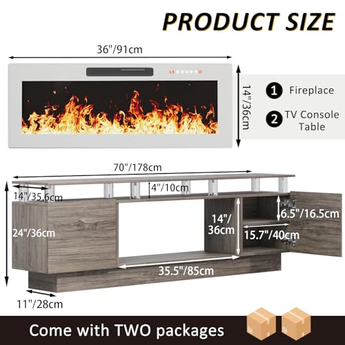 LEMBERI 70" Fireplace TV Stand for TVs up to 80 Inches with White 36'' Electric Fireplace & Remote, Modern Entertainment Center with LED Light,Woodeen TV Console for Living Room, 8 Acrylic Posts, Gray - color: Gray With White Fireplace (Acrylic Posts), si