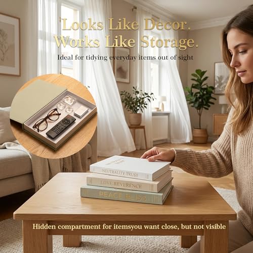Decorative Book Box Set of 3 with Storage - Linen Hardcover Faux Books for Coffee Table, Bookshelf - Includes Energy Card & Keepsake Gift (Beige)