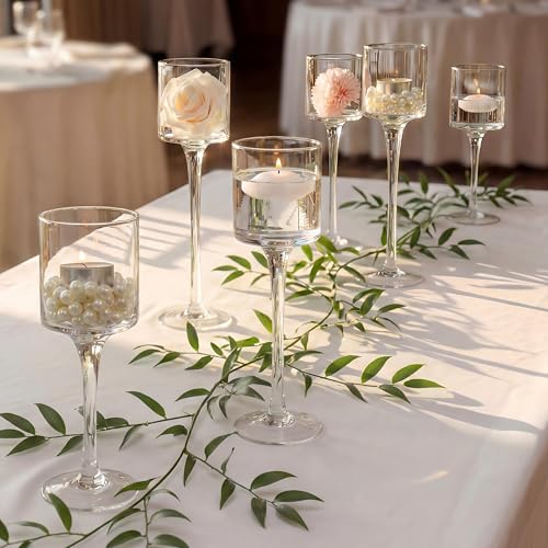 NUPTIO Glass Tealight Candle Holders: Set of 6 Tall Candle Stands for Dinner Table Centerpiece - Stemmed Candleholders for Pillar Floating Candles