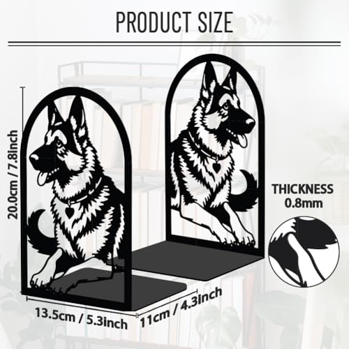 WADORN 1 Pair German Shepherd Metal Decorative Bookend for Shelves, Heavy Duty Book Ends Modern Non-Skid Books Holder Stand Black Book Support Stoppers for Desk Bookshelf Office, 5.3x4.3x7.8 Inch - color: Black