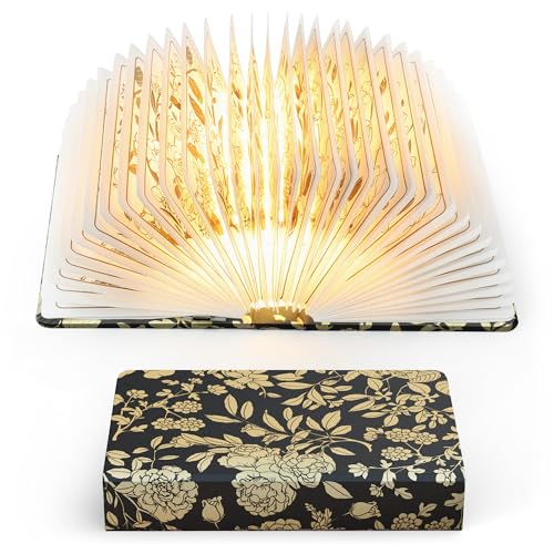 Floral Print Book Light,3-Color Book Lamp Book Lovers Gifts | 1200mAh Portable Foldable Paper Desk Lamp | Night Reading Bookshelf Lamp,Valentine Ambient Lighting Decorations Gifts(Black Gold) - color: Black
