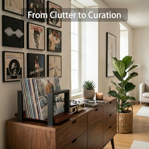 Adjustable Vinyl Record Storage Holder - Solid Wood Base Mid-Century Album Display Stand for 20-57 LPs - Retro Desktop Record Rack & Magazine Organizer - Aesthetic Gift for Audiophiles