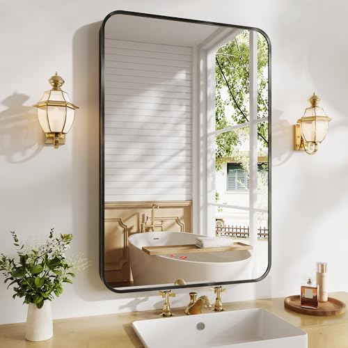 Koonmi Metal Framed Bathroom Mirror, 24"X36" Anti-Rust Bathroom Vanity Mirror, High-Definition Tempered Glass Bathroom Mirrors for Over Sink, Modern Decorative Wall Mirror for Restroom - color: Rounded Edged, size: 36"L x 24"W