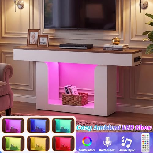 Homieasy Console Table, 63" Entryway Table with LED Lights & Charging Station, Farmhouse Wooden Sofa Table Behind Couch, Narrow Hallway Table for Living Room, Foyer, Entry, Antique White & Brown - color: Antique White & Brown, size: 63"