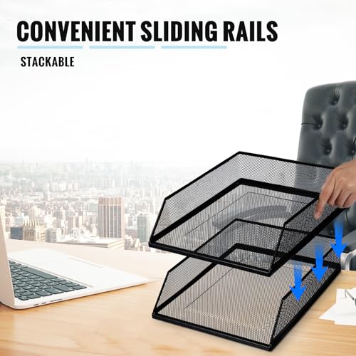 Hicarer 2 Pcs Black Metal Letter Tray Stackable Desk Tray Single Wire Mesh Organizer Front Load File Paper Holder for Desktop Office Home School Classroom (12.8 x 9.84 Inch) - size: 12.8 x 9.84 Inch
