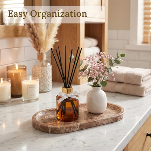 Light Emperador Marble Vanity Tray for Bathroom Counter, 10"x5" Decorative Tray for Perfume, Candles, Stone Jewelry Dish Tray - color: Light Emperador