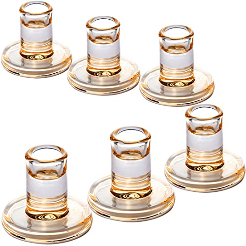 Short Solid Amber Gold Glass Taper Candle Holders Heavy Low Candlestick Holders for 5/6-7/8 inch Wide Tapered Candles- Set of 6, Wedding Party Table Centerpieces Decorations - color: Amber Gold