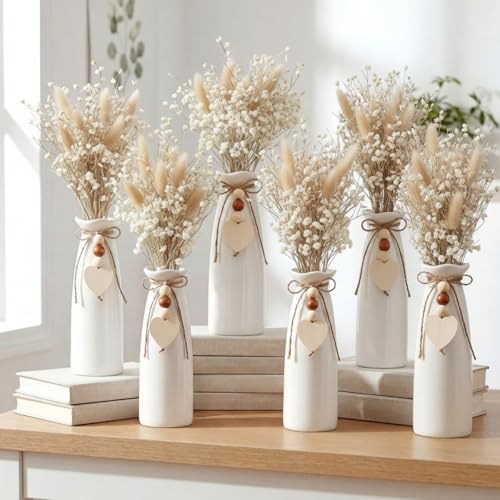 6 Pack 8 Inch Ceramic Vase Set with Jute Rope & Heart Charm, Vases for Centerpiece White Small Decorative Vase for Bohemian Home Decoration Modern Flower Vases for Gift Room Bedroom Office