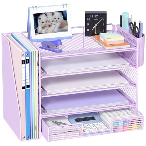 OPNICE Desk Organizer, 5-Tier Paper File Organizer with Drawer & Pen Holder, Office Desk Accessories, Workspace Desktop Organizer for Office Supplies(Purple) - color: Purple, size: 5-Tier