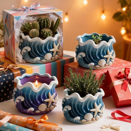 1Pc Blue Wave-Patterned Resin Casting Silicone Jar Mold Ocean-Themed Seashell Candle Silicone Mold for Home Decoration Candlesticks Flower Pots Plaster Cement Concrete Epoxy Storage Boxes - color: Blue Wave Resin Mold