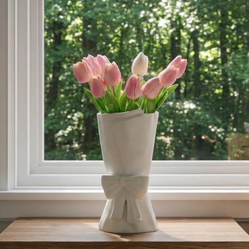 Relexome White Ceramic Bow Vase Unique Cute Decorative Bouquet Flower Vases 9.64 in Mother's Day Spring Decor Vase - color: Matte White