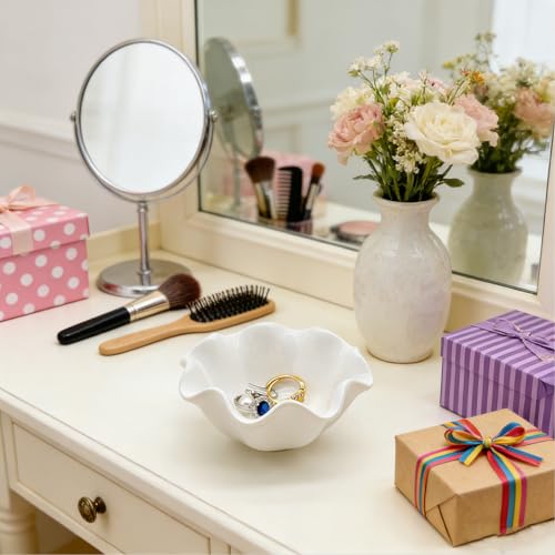 White Flower Jewelry Dish, 3.5″ Lotus Jewelry Bowl Ring Holder, Ceramic Jewlery Tray Cute Vanity Nightstand Bathroom Room Decor Trinket Dish Valentine's Friendship Birthday Gifts for Women Mom