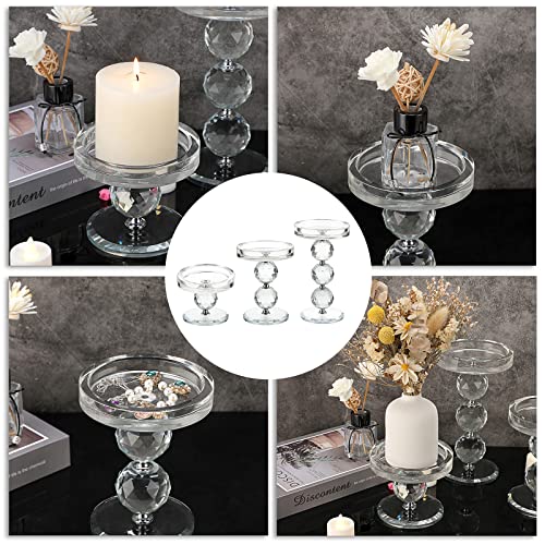 OwnMy Set of 3 Crystal Glass Pillar Candlestick Holders Clear Pillar Candle Holders Sets, Tealight Votive Candle Stands Modern Candle Centerpiece for Living Room Wedding Decor